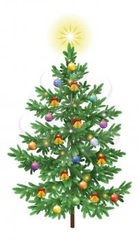 Christmas holiday spruce fir tree with ornaments, balls, bells and stars isolated on white background. Eps10, contains transparencies. Vector