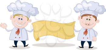 Cartoon cooks - chef with blank banner for your text. Vector