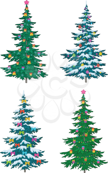 Set Christmas holiday trees with decorations, isolated on white. Vector