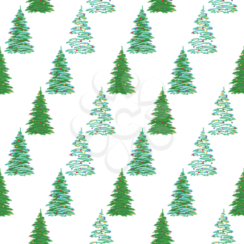 Seamless holiday background, Christmas trees with decorations, isolated on white. Vector