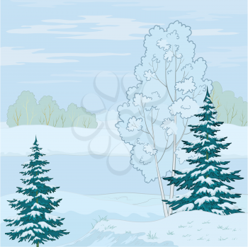 Winter landscape, tree on the shore of a frozen pond and the blue sky with white clouds. Vector