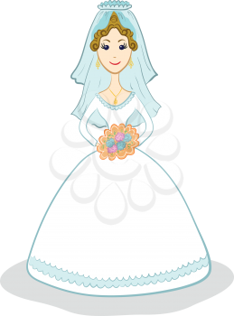 Cartoon bride in wedding dress with a bouquet of flowers. Vector