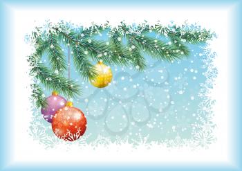 Background for Christmas holiday design: spruce branches, balls and snowflakes. Eps10, contains transparencies. Vector