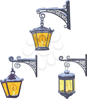 Set vintage street luminescent lanterns covered with snow, hanging on a decorative brackets isolated on white background. Vector