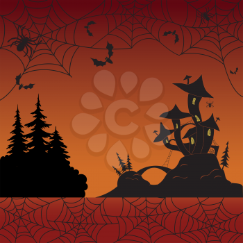 Holiday Halloween landscape with silhouetted magic Castle - mushroom, spiders, cobwebs and bats. Vector