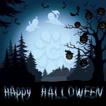 Halloween Cartoon Landscape with Trees Silhouettes, Ghosts, Pumpkins and Bats. Vector