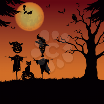 Halloween cartoon landscape with the moon, pumpkin Jack-o-lantern, scarecrows, cat, owl, trees and bats. Element of this image furnished by NASA, www.visibleearth.nasa.gov. Vector