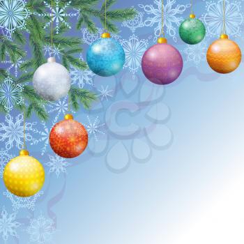 Christmas Holiday Background with Fir Branches, Balls and Snowflakes. Eps10, Contains Transparencies. Vector