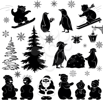 Christmas cartoon, set black silhouettes on white background: Santa Claus, fir tree, teddy bears, penguins, sportsmans, snowflakes, lantern. Vector