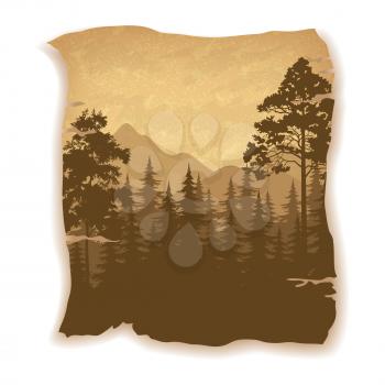 Landscape, Summer Forest, Coniferous and Deciduous Trees and Mountains Silhouettes on Vintage Background of an Old Sheet of Paper. Eps10, Contains Transparencies. Vector
