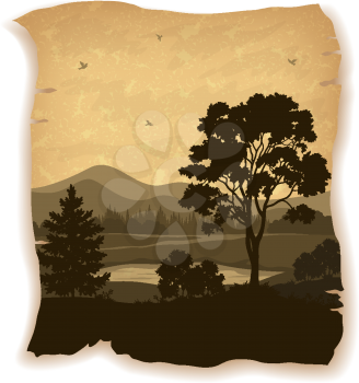 Landscape, Trees, River, Mountains and Birds Silhouettes on Vintage Background of an Old Sheet of Paper. Eps10, Contains Transparencies. Vector