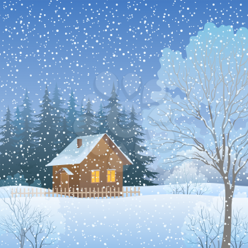 Winter Forest Christmas Landscape, Country House and Trees on Snowy Edge. Vector