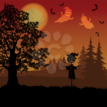 Holiday Halloween Landscape, Oak Tree in the Forest, Scarecrow Jack-o-Lantern, Sky with the Moon, Ghosts and Bats, Black Silhouettes. Element of this Image Furnished by NASA. Vector