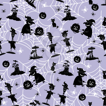 Seamless Pattern, Black Silhouette of a Witch, Pumpkin, Scarecrow and Other Halloween Holiday Symbols on the Background with White Contours of Cobwebs and Spiders. Vector