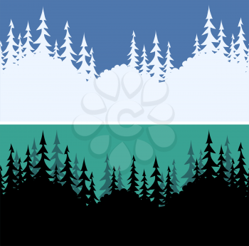 Set Seamless Horizontal Backgrounds, Fir Trees Silhouettes, White on Blue Sky for Christmas Holiday and Summer Night Black on Green. Vector