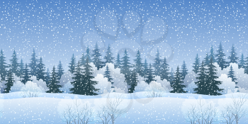 Christmas Holiday Seamless Horizontal Background, Winter Landscape, Fir Trees Silhouettes, Bushes and White Snow. Vector