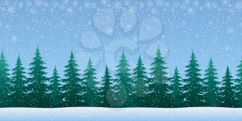 Christmas Holiday Seamless Horizontal Background, Winter Woodland Landscape with Spruce Fir Trees and White Snowflakes. Vector