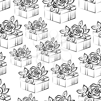 Seamless Pattern, Valentine Holiday Gift Boxes with Rose Flower, Black Contours Isolated on Tile White Background. Vector