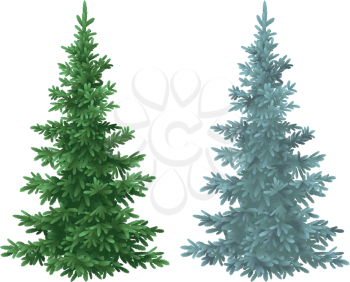 Green and Blue Christmas Spruce Fir Trees Isolated on White Background. Vector
