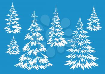 Christmas Fir Trees, Symbolical Winter Holiday Pictograms, White Contours on Blue Background. Vector