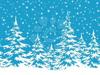 Christmas Holiday Seamless Horizontal Background, Winter Landscape, Fir Trees with Snow, White Silhouettes against the Blue Sky with Snowflakes. Vector