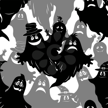 Seamless Patterns, Symbols Halloween Holiday, Ghosts and Bat, Black and Grey Silhouettes, Tile Background. Vector
