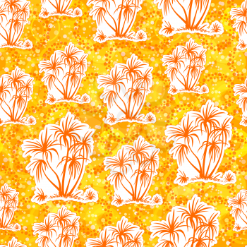 Exotic Seamless Pattern, Tropical Landscape, Palms Trees Orange Silhouettes on Abstract Tile Background. Vector