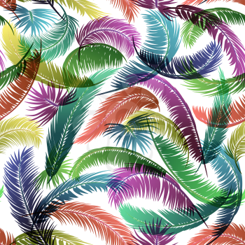 Seamless Pattern, Tropical Palm Trees Colorful Branches with Leaves Silhouettes on Tile White Background. Vector