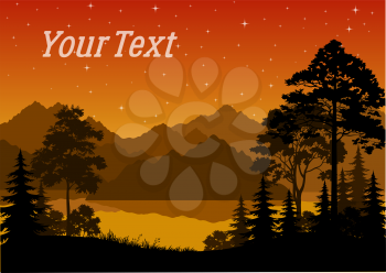Night Landscape, Forest, Coniferous and Deciduous Trees Silhouettes, lake or river, Mountains, Orange Sky with Stars. Vector