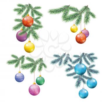 Set Christmas Holiday Decorations, Fir Branches and Colorful Glass Balls with Floral Patterns and Snowflakes. Vector