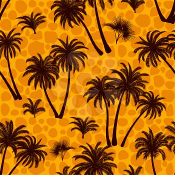 Seamless Pattern, Tropical Landscape, Palms Trees and Exotic Plants Black Silhouettes on Abstract Tile Background. Vector