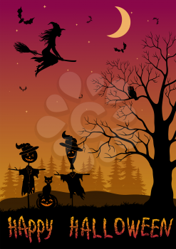 Holiday Halloween Landscape, Black Silhouettes Witch on Broom, Bats and Moon in Sky, Scarecrows, Pumpkin Jack-O-Lantern, Cat, Tree with Owl. Vector