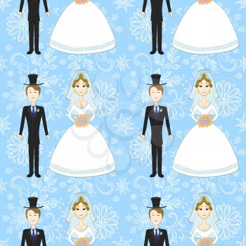 Seamless Background, Wedding, Cartoon Bride and Groom on Blue Background with White Contour Floral Tile Pattern. Vector