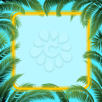 Exotic Background, Green Tropical Palm Tree Leaves and Yellow Frame on Blue Sky. Vector
