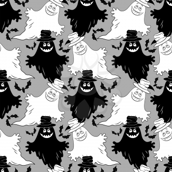 Seamless Patterns, Symbols Halloween Holiday, Ghosts and Bat, Black and White Silhouettes on Tile Grey Background. Vector