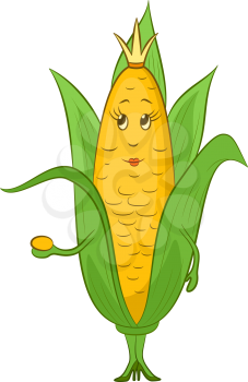 Cartoon Maize Corn, Character Queen with a Golden Crown on Her Head, Isolated on White Background. Vector