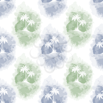 Exotic Floral Seamless Pattern, Tropical Palms Trees Silhouettes on Abstract Tile White, Green and Blue Background. Vector
