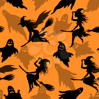 Seamless Halloween Pattern, Character Witch on a Broomstick and Flight Cartoon Ghosts, Black Silhouettes, Tile Holiday Background. Vector