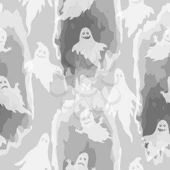 Seamless Halloween Pattern, Flight Cartoon Ghosts Silhouettes, Tile Holiday White and Grey Background. Vector