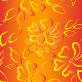 Seamless Pattern with Golden Yellow Symbolical Flowers and Leaves on Tile Orange Background. Vector