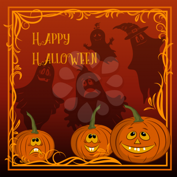 Holiday Halloween Background, Cartoons Pumpkins Jack O Lantern and Ghosts Silhouettes. Vector