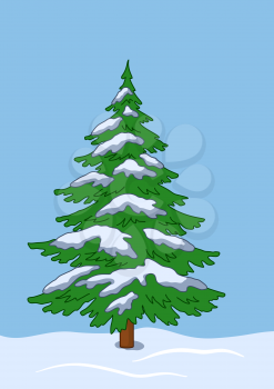 Green fur-tree covered with snow in a superficial snowdrift against blue sky
