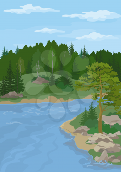 Landscape with Pine, Fir and Birch Trees on the Bank of a Forest Mountain River under a Blue Cloudy Sky. Vector