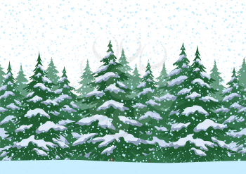 Seamless Horizontal Christmas Winter Forest Landscape with Fir Trees and Snow. Vector