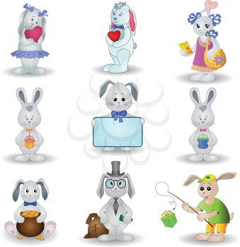 Set toy rabbits with holiday greeting objects. Vector