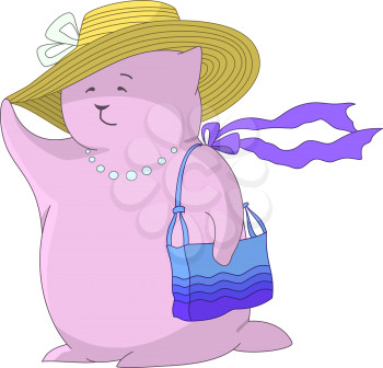 Cartoon, woman - a fantastic toy animal with a hat on his head and shoulder handbag. Vector illustration