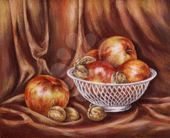 Apples and nuts on a red background. Picture oil paints on a canvas