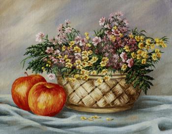 Picture oil paints on a canvas: wattled basket with buttercups and red apples
