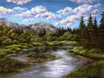 Picture an oil paint on a canvas: autumn, mountain lake