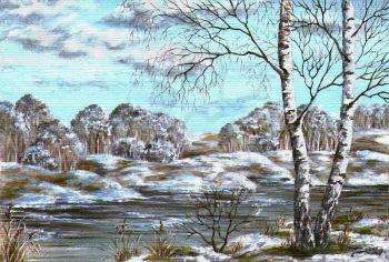 The spring river, landscape. Picture oil paints on a canvas